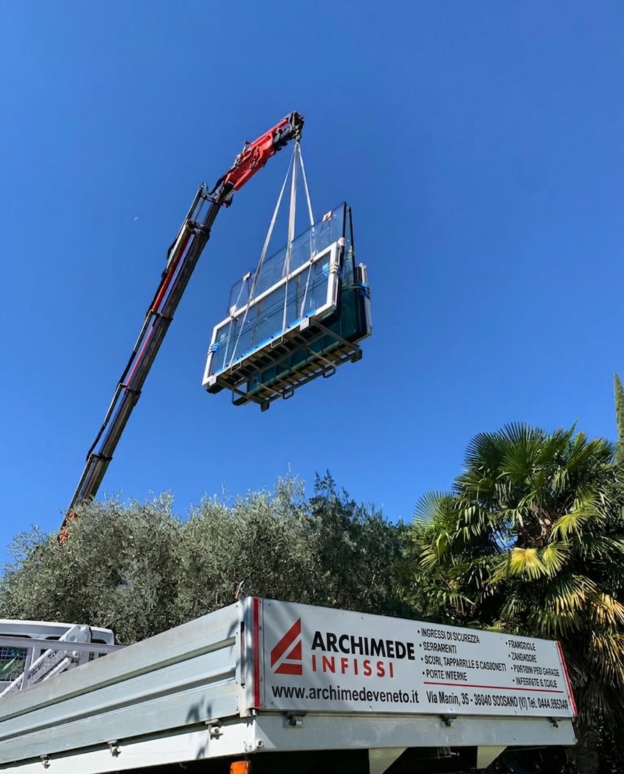 Consegna e installazione serramento con gru – Archimede Infissi Vicenza