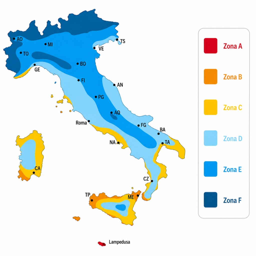 Mappa geografica delle zone climatiche italiane (dalla Zona A alla Zona F) utilizzata per identificare i limiti di trasmittanza termica degli infissi